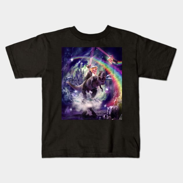 Rainbow Laser Space Cat On Dinosaur Eating Pizza Kids T-Shirt by Random Galaxy